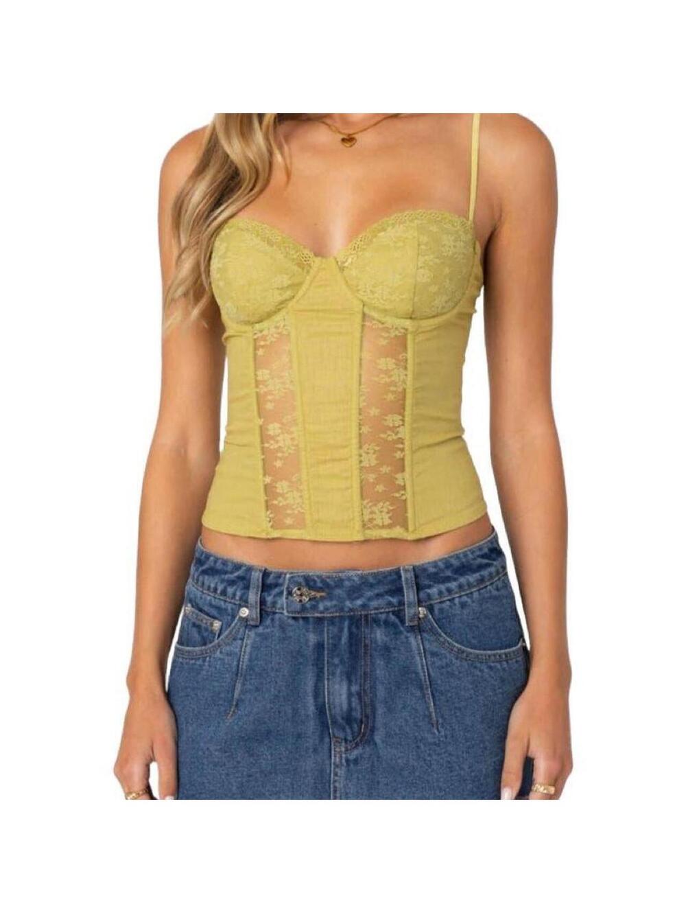 Edikted Avena Lace Panel Corset Top in Green
